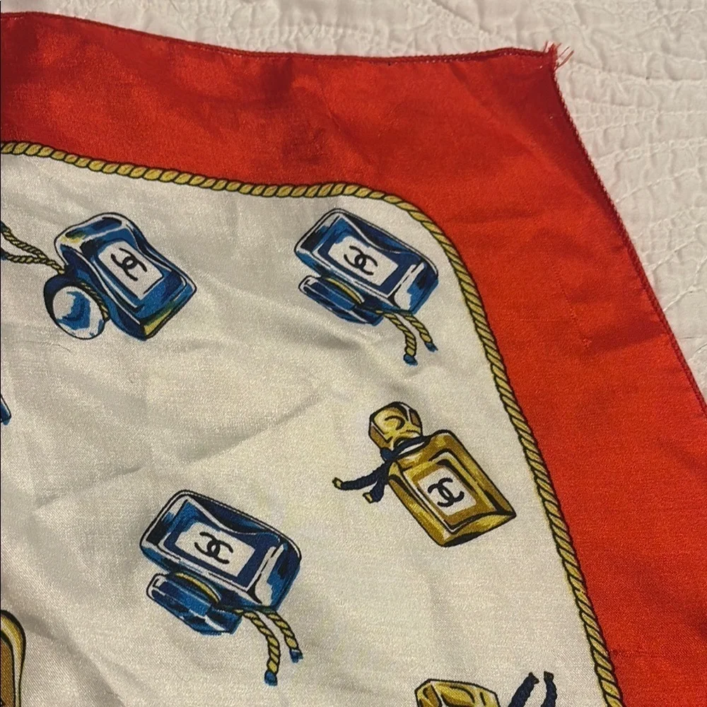 Vintage Chanel Red and White perfume bottle Patterned Scarf